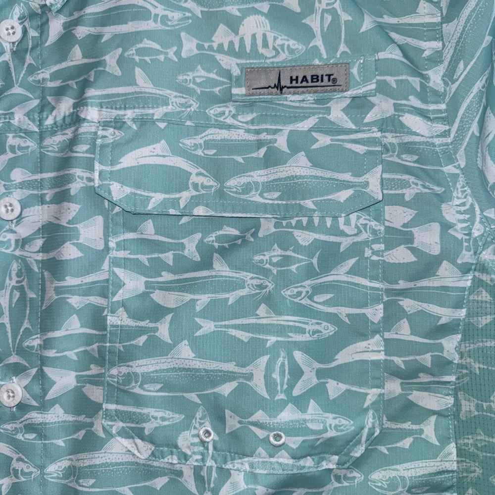 Habit Fishing Shirt River Run Aqua Splash White Fish Print Men's Size L UPF 50 - Picture 6 of 8
